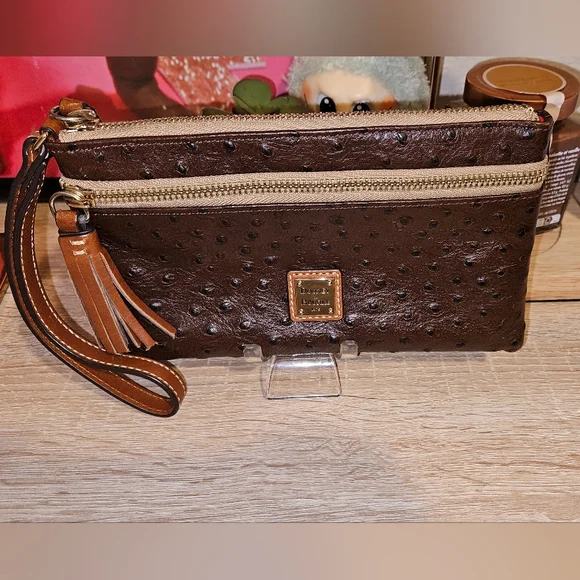 Dooney & Bourke Ostrich Dark Brown Wristlet with Gold Accents - Picture 1 of 8